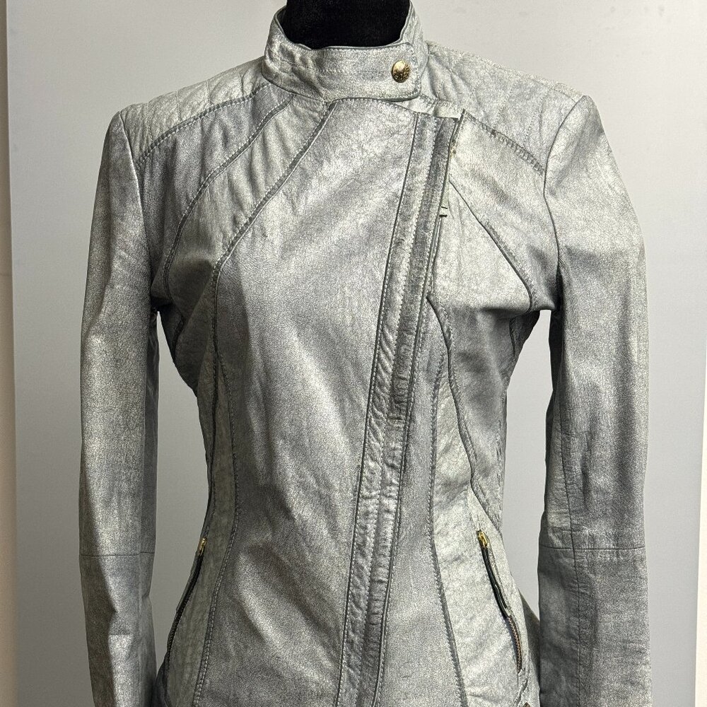 Hugo Boss Orange Genuine Leather Womens Biker Jacket in Silver/Grey